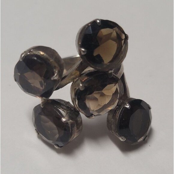 Estate Vintage Rare Amrita 925 Silver Cluster Ring With Smoky Quartz Gemstones - Picture 2 of 11
